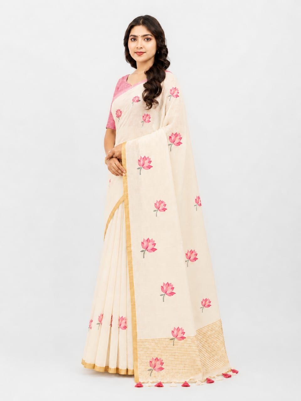 Off-White Cotton Linen Saree