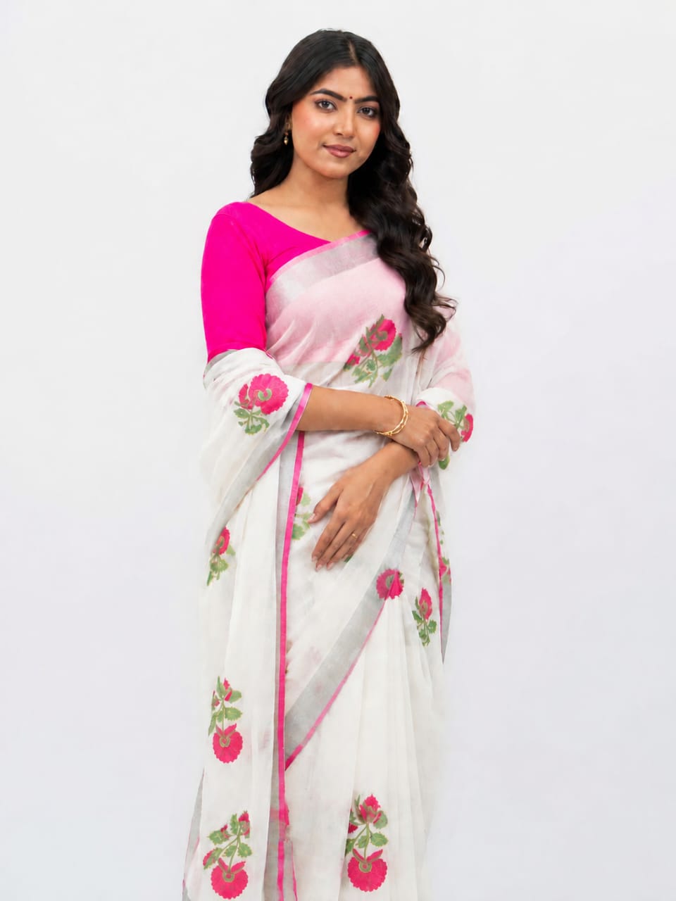 White Cotton Linen Saree