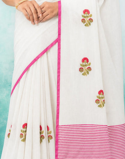 White Cotton Linen Saree