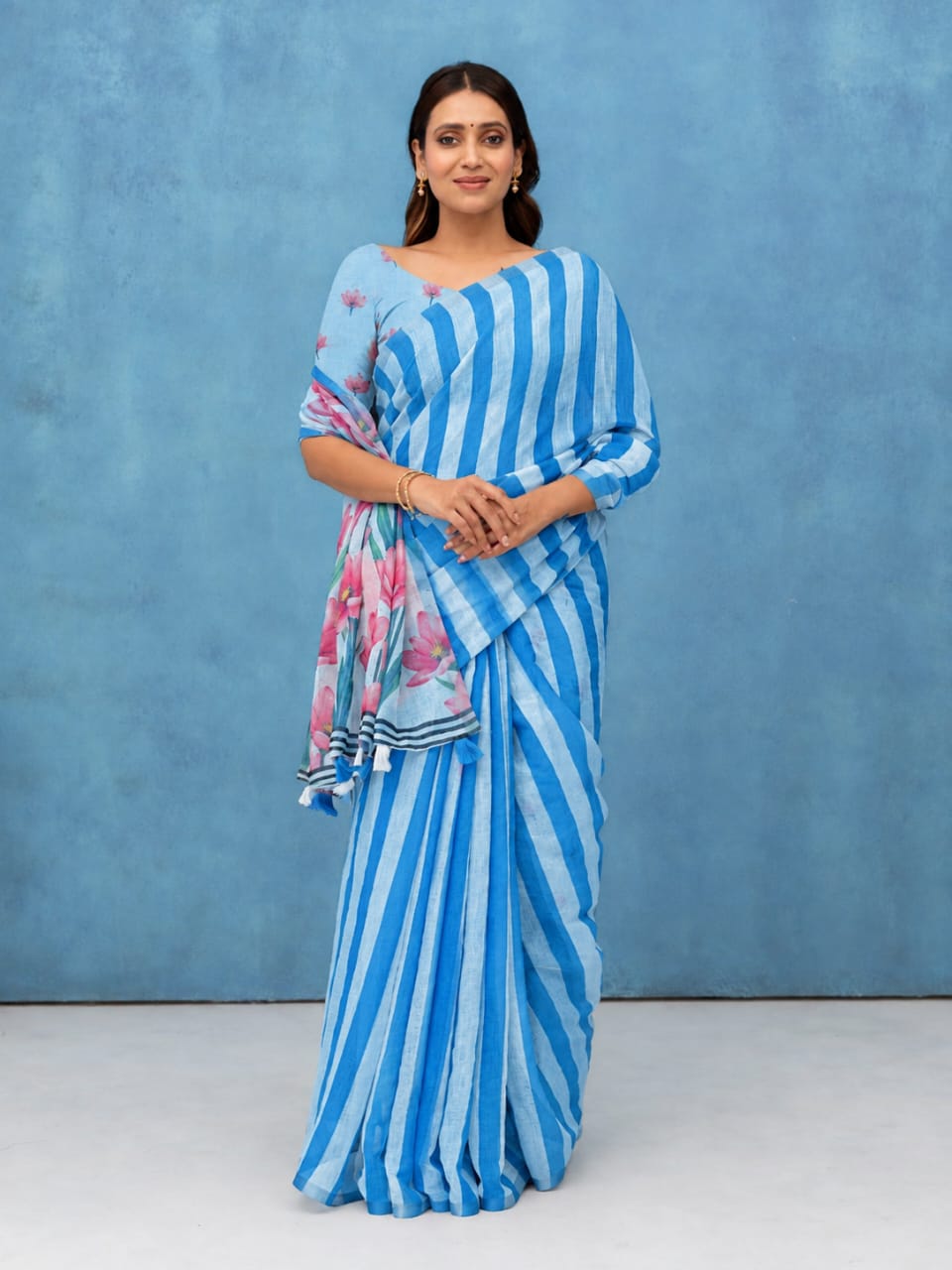 Blue Cotton Linen Saree