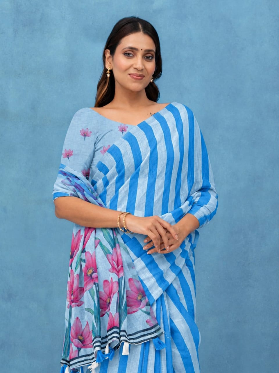 Blue Cotton Linen Saree