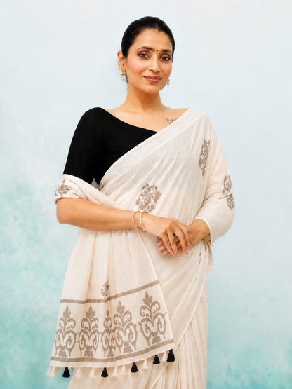 Off-White Cotton Linen Saree
