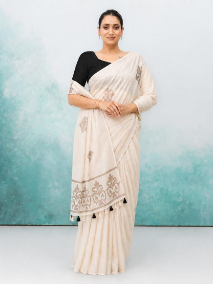 Off-White Cotton Linen Saree