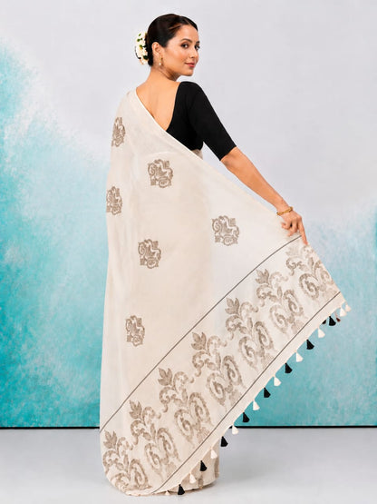 Off-White Cotton Linen Saree