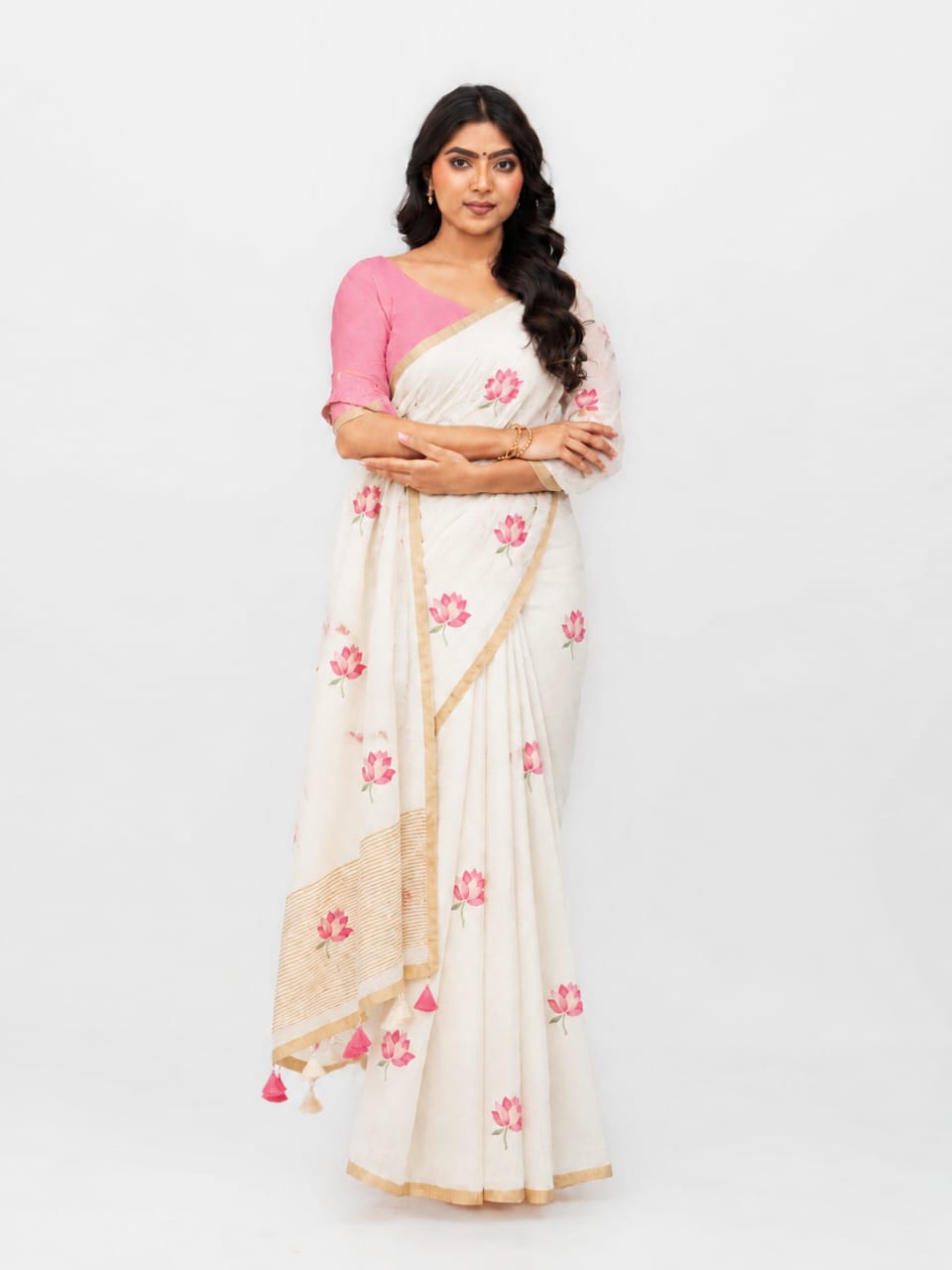 Off-White Cotton Linen Saree