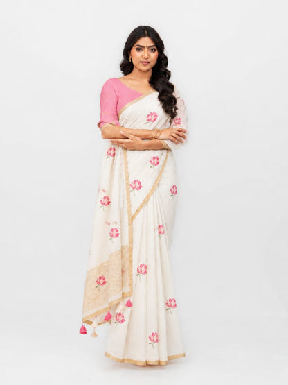 Off-White Cotton Linen Saree