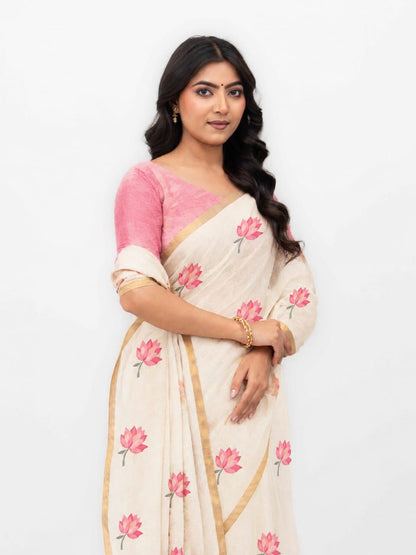 Off-White Cotton Linen Saree
