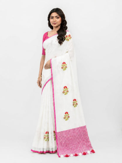 White Cotton Linen Saree