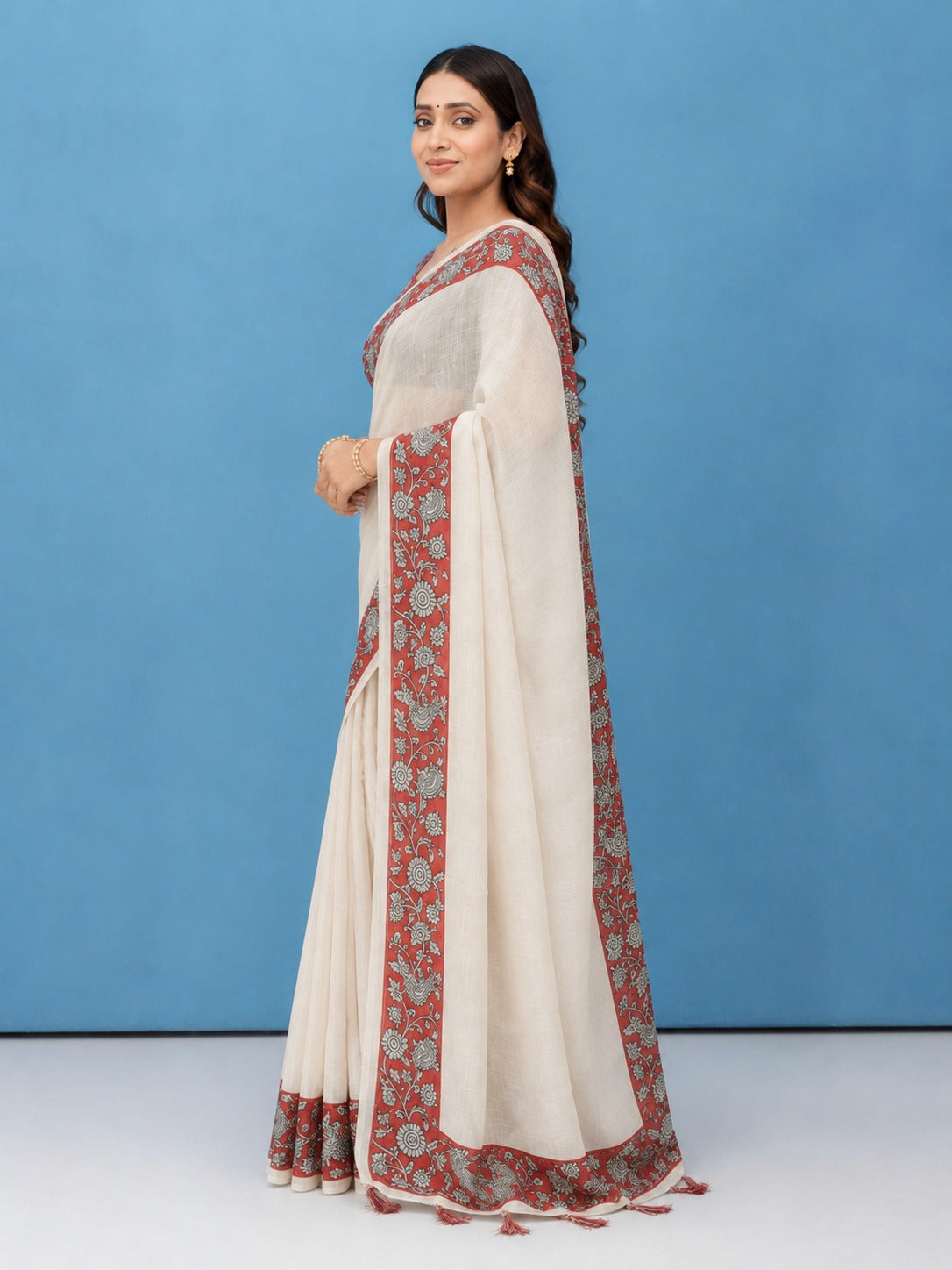 White Cotton Linen Saree with Red Kalamkari Floral Print