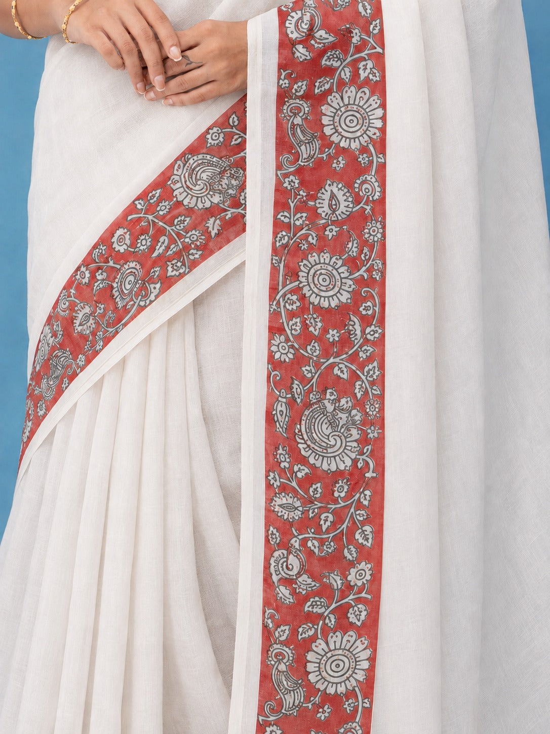 White Cotton Linen Saree with Red Kalamkari Floral Print