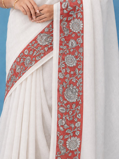 White Cotton Linen Saree with Red Kalamkari Floral Print