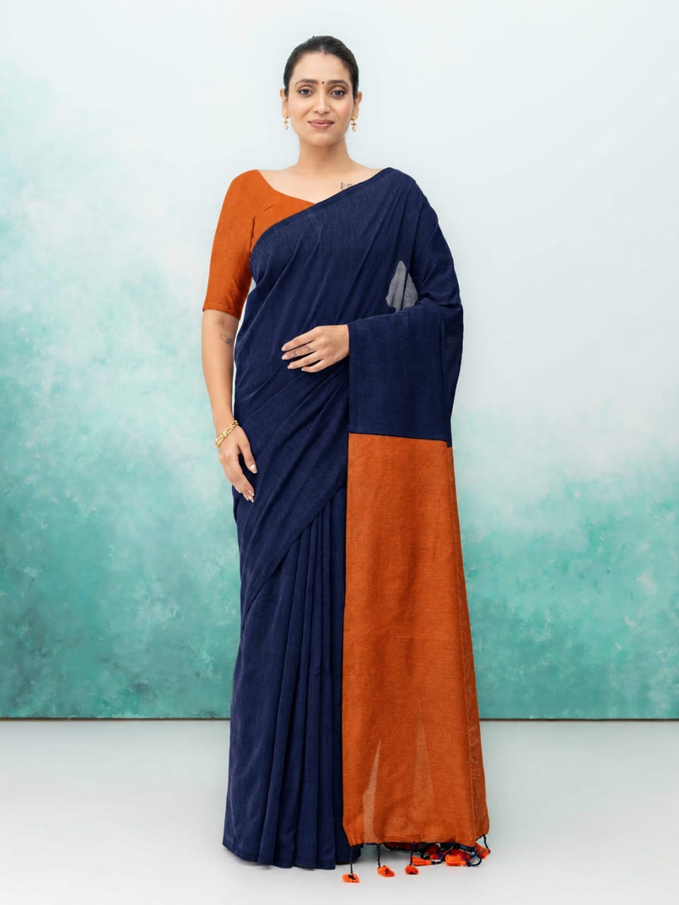 Orange &amp; Navy Blue Khadi Cotton Saree