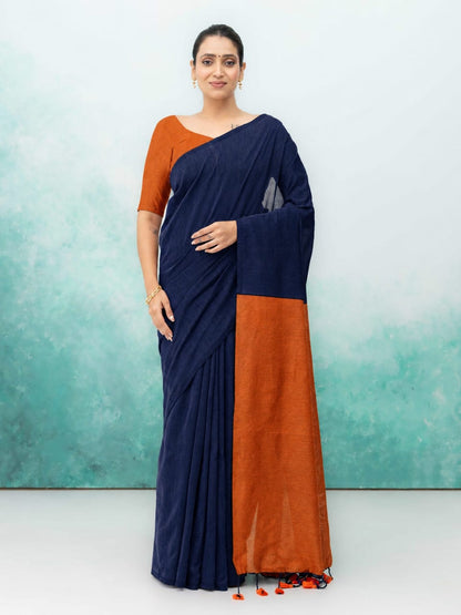 Orange &amp; Navy Blue Khadi Cotton Saree